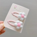Pink and white plush flower hair clips for girls on a white display card - White BB Clip