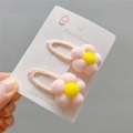 Pink floral pom pom hair clips for girls with soft plush petals and snap base - Korean Pink BB Clip