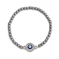 Close-up of hematite beaded bracelet featuring a sparkling evil eye charm and white crystals - Rhinestone Round Evil Eye (BE1351SR02)