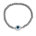 Detail shot of hematite beaded elastic bracelet with evil eye charm and metallic luster - White Blue Black Enamel Evil Eye (BE1351SR03)