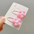 Pair of children's pink plush flower hair clips with soft pom-poms on display card - Medium Pink + White BB Clip