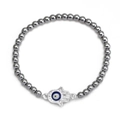 Close-up of beaded Hamsa Hand bracelet with blue Evil Eye charm and grey hematite beads - Silver Hamsa Hand (BE1351SR04)