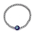 Detail view of Evil Eye beaded bracelet with silver metal beads and blue glass charm - Blue Glass Evil Eye (BE1351SR05)
