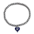 Close-up of hematite beaded bracelet featuring a blue heart-shaped Evil Eye pendant - Dark Blue Heart Evil Eye (BE1351SR08)