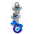 Dettaglio di civetta d'argento con perline blu malocchio e fiocco di nastro di raso blu - Stile Gufo Doppio Occhio (BE1359BU00)