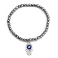 Detailed macro view of hematite beads and Hamsa Hand charm with Evil Eye on a bracelet - Silver Hollow Hamsa Hand (BE1351SR09)