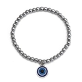 Detailed view of evil eye charm pendant on silver-grey beaded bracelet for protection - Silver Frame Blue White Black Amulet (BE1351SR10)
