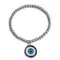 Detail of beaded hematite bracelet featuring a blue evil eye charm with metallic finish - Classic Ethnic Four-Color Eye (BE1351SR11)
