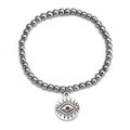 Macro detail of hematite beaded bracelet featuring a silver Evil Eye charm and lucky amulet - Minimalist Metal Engraved Evil Eye (BE1351SR12)
