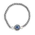 Detailed view of evil eye charm with metallic silver beads on a minimalist bracelet - Wavy Edge Evil Eye (BE1350SR00)