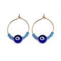 Colorful beaded evil eye hoop earrings with blue charms and gold plated metal hardware - Dark Blue Eye with Tube Beads (BE1374GD01)