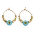 Detail view of gold beaded hoop earrings with light blue evil eye charms on white background - Light Blue Eye with Multiple Beads (BE1374GD03)