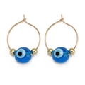 Close-up of gold hoop earrings with blue evil eye beads and small gold spacer details - Classic Light Blue Eye (BE1374GD06)