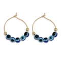 Detailed view of gold hoop earrings with five colorful blue evil eye beads for women - Five Beads Style (BE1374GD07)