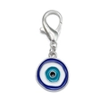 Close-up of blue evil eye hamsa charm with silver lobster clasp and enamel details - Large Round Evil Eye (BE1368SR08)