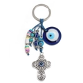 Detail of Turkish Evil Eye keychain with blue glass pendant, beads and silver cross - Cross and Evil Eye (BE1383BU06)