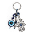 Detailed view of evil eye keychain with blue beads and silver hamsa hand charm - Hamsa Hand Blue Beads (BE1383BU07)