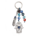 Detail of silver Hamsa Hand and feather charms with colorful evil eye glass beads - Hamsa Feather Inlaid (BE1383BU08)