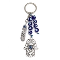 Detail of Hamsa Hand and Evil Eye beads with silver feather charm on a keychain - Hamsa Feather Ten Beads (BE1383BU09)