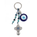Detail of Turkish Evil Eye keychain with blue beads, turquoise accents and metal cross - Cross Multi-bead (BE1383BU12)
