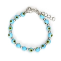 Adjustable light blue evil eye beaded bracelet with silver metal spacers on white background - Light Blue Beaded Style (BE1386SR01)