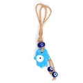 Detail of blue glass Evil Eye and Hamsa Hand pendant with natural jute rope textures - Hamsa Hand Light Blue Style (BE1395LBU00)