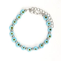 Detail view of light blue Evil Eye beaded bracelet with silver metal spacers and clasp - Concentric Eye Style (BE1386SR02)