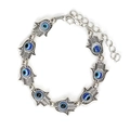 Detailed macro view of silver alloy Hamsa Hand charms and blue Evil Eye beads on a bracelet - Vintage Hamsa Hand Charm Style (BE1386SR03)