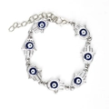 Detalle de pulsera Mano de Fátima plateada con dijes de Ojo Turco azul y cierre ajustable - Estilo de Ojo Azul Mano de Fátima (BE1386SR07)