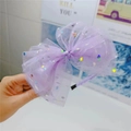 Cerchietto viola con fiocco in rete per bambine con paillettes olografiche e tulle - Cerchietto con Fiocco Grande Viola