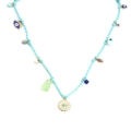 Detail of blue woven necklace featuring evil eye charms and a green gummy bear pendant - Sky Blue Woven Cord - Green Bear Style (BE1419GD02)
