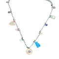 Handmade rainbow woven necklace with gummy bear charms and blue evil eye beads - Multicolor Woven Cord - Blue Bear Style (BE1419GD03)