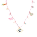 Detail of colorful charm necklace featuring a pink woven cord and blue evil eye pendant - Pink White Woven Cord - HAPPY Style (BE1419GD08)