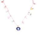 Detail view of pink braided necklace with colorful gummy bear, evil eye, and rainbow charms - Pink White Cord - Purple Bear Style (BE1419GD10)
