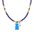 Colorful beaded necklace with blue resin bear and evil eye pendant on white background - Blue Bear (BE1421BU00)