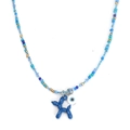 Collier en perles bleues avec accents dorés, pendentif chien ballon et perle mauvais œil - Bleu