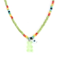 Detail of colorful seed beads with green gummy bear and evil eye pendant on a necklace - Green Bear (BE1421GN00)