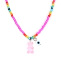 Close-up of rainbow beaded necklace with pink gummy bear and blue evil eye charms - Pink Bear (BE1421PK00)