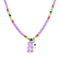 Detailed shot of purple resin bear pendant and evil eye bead on colorful seed necklace - Purple Bear (BE1421PU00)