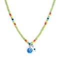 Close-up of green beaded necklace featuring colorful accents and blue evil eye charms - Green Double Eye Style (BE1422GN00)