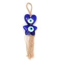 Detailed view of handmade evil eye charm with blue glass hearts and hemp rope fringe - Deep Blue Heart Star Combo (BE1460BU00)