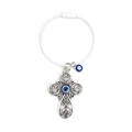 Detail eines Evil Eye Hohlkreuz-Anhängers mit blauen Perlen und Stahldraht-Schlüsselring - Weißer Stahldraht Anhänger Hohlkreuz Auge Stil (BE1445WH01)