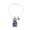 Nahaufnahme von Eulen-Schlüsselanhänger mit blauem Evil Eye auf einem Drahtring - Weißer Stahldraht Anhänger Vintage Eule Auge Stil (BE1445WH05)