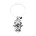 Detailansicht der silbernen Hand der Fatima mit blauem Auge und weißem Stahldrahtring - Weiße Spirale Hand der Fatima Auge Stil (BE1445WH06)