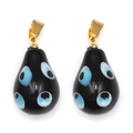 Detail of teardrop black glass pendants with light blue evil eye patterns and gold loops - Black Teardrop (BE1654BK00)