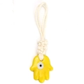 Yellow Hamsa Hand keychain with blue evil eye bead and white braided cord pendant - Yellow Hamsa Hand (BE1453YE00)