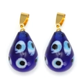 Macro view of blue glass evil eye teardrop charms with golden metal clasp detail - Blue Teardrop (BE1654BU00)
