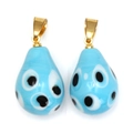 Macro detail of light blue glass water drop pendants with evil eye pattern and gold bail - Light Blue Teardrop (BE1654LBU00)
