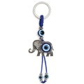 Llavero de elefante plateado con amuleto ojo turco y cuerda azul sobre fondo blanco - Estilo de Elefante con Cuerda Trenzada Azul (BE1651BU00)