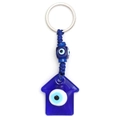 Detailansicht vom türkischen Evil Eye Schlüsselanhänger mit blauem Haus und Kordel - Hausform (BE1683BU01)